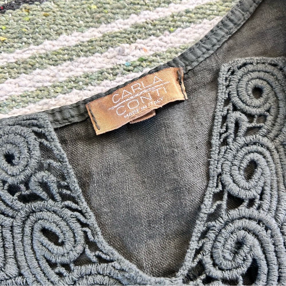 Carla Conti 100% linen stone gray 3/4 sleeve tunic/dress eyelet embroidery - Picture 5 of 10